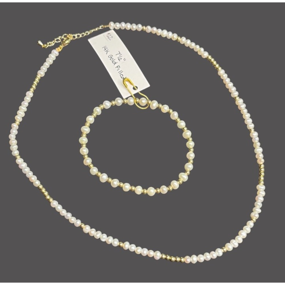 New GENUINE PEARL BRACELET & NECKLACE SET White Beaded 14K GOLD FILLED GF
